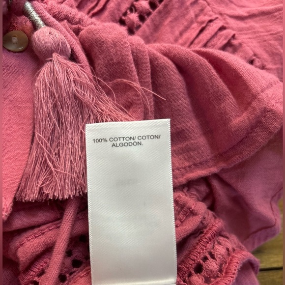 LUCKY BRAND Raspberry Pink Puff Sleeve Blouse with Tassel Tie in the Front Boho - Picture 9 of 12